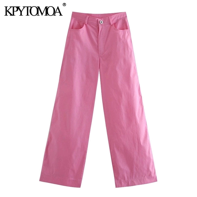 KPYTOMOA Women Chic Fashion Side Pockets Wide Leg Pants Vintage High Waist Zipper Fly Female Trousers Mujer 201106