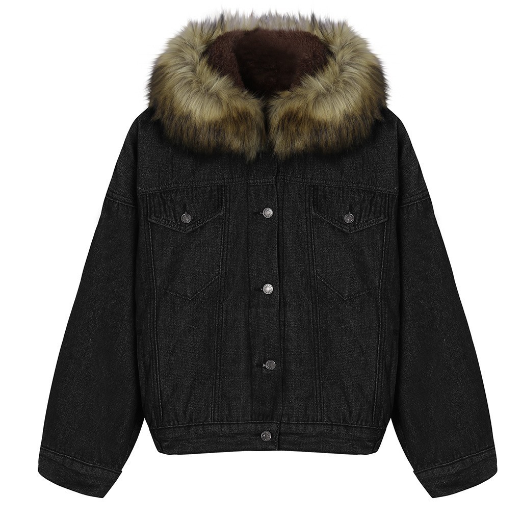 Women's Denim Jacket With Fur Winter Jeans Hooded Velvet Coat Female Faux Fur Collar 2019 Padded Warm Jackets Bomber Windbreake T200111