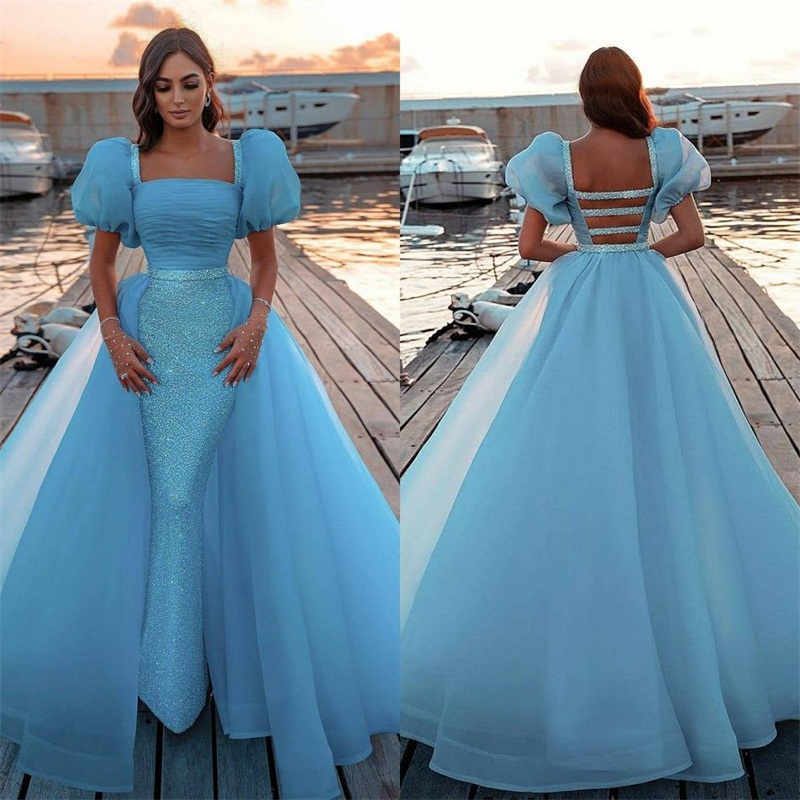 Glitter Sequins Evening Dresses With Detachable Train Ruched Tulle Prom Dress Light Sky Blue Square Neck Elegant Custom Made Robe De Soirée