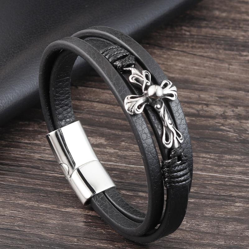 Charm Bracelets Black Cross Pattern Metal Magnetic Buckle Leather Men's Bracelet Stainless Steel Fine Jewelry With Sculpture
Charm Bracelets Black Cross Pattern Metal Magnetic Buckle Leather Men's Bracelet Stainless Steel Fine Jewelry With Sculpture
