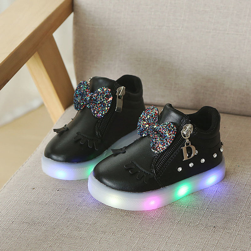 Size 21-30 Children Glowing Sneakers Kid Princess Bow for Girls LED Shoes Cute Baby Sneakers with Light Shoes Luminous 201112