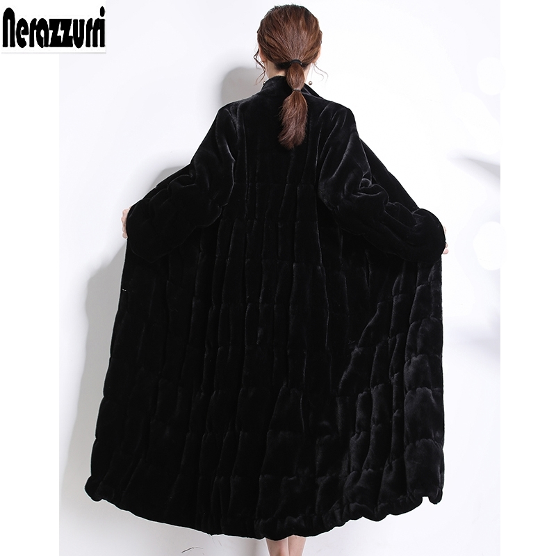 Nerazzurri Runway fluffy long faux fur coats women Winter black red pleated plus size sheared mink fur overcoat 5xl 6xl 7xl 201110