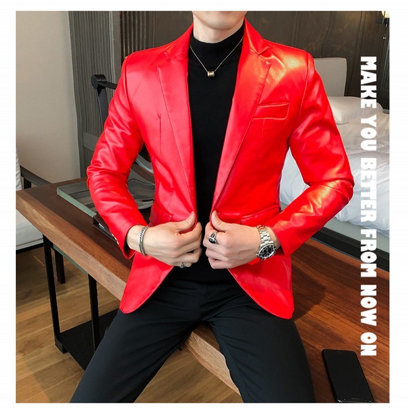 Faux Leather Suit Jacket Men Korean Style Casual Slim Fit Blazer Male Fashion Autumn Suit Coat Chic Singer Stage Blezer Male 201128