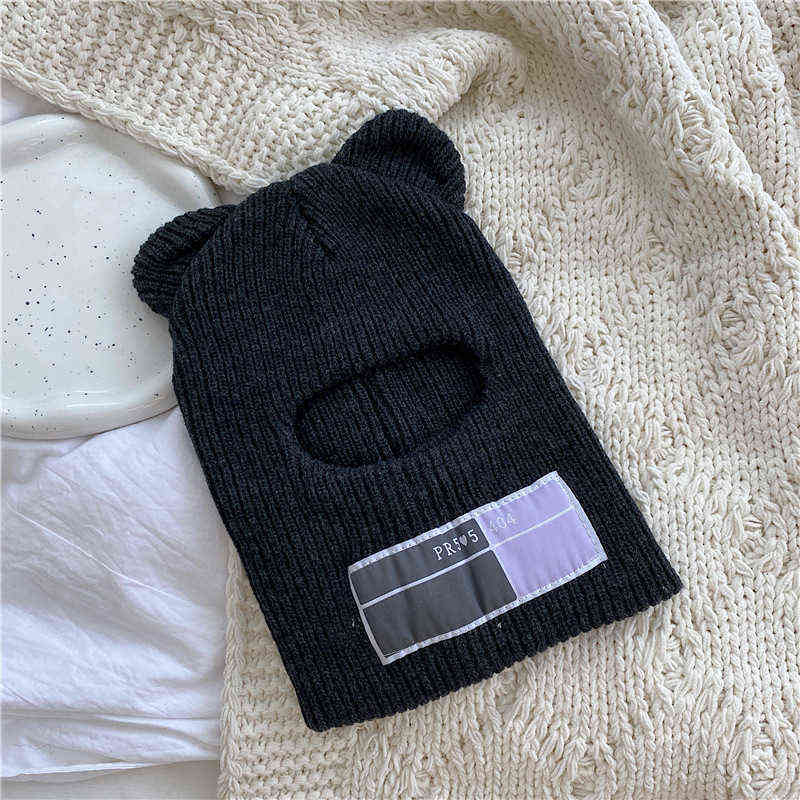 Bear Ears Balaclava Ladies 1 Hole Ski Mask Handmade Crochet Full Face Wooly Hat Cute Girl Winter Streetwear Warm Beanie 220124