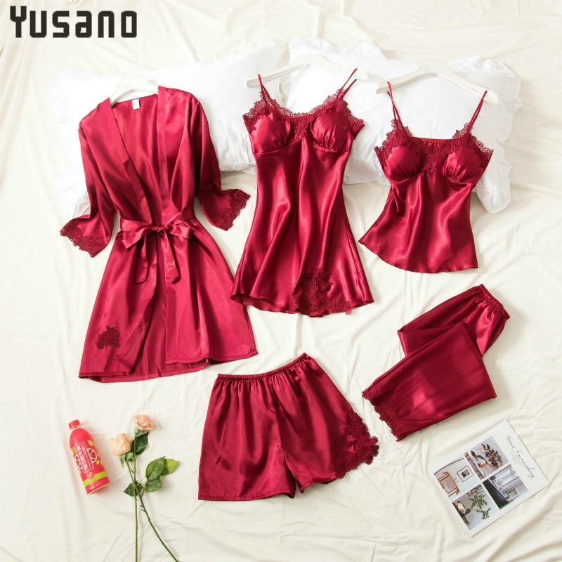 Pajamas for Women 5 Pieces Sleepwear Home Suits Silk Sexy Spring and Autumn Slim Women's Nightgown Five-piece Suit Nightwear 201114, Black
Pajamas for Women 5 Pieces Sleepwear Home Suits Silk Sexy Spring and Autumn Slim Women's Nightgown Five-piece Suit Nightwear 201114, Black