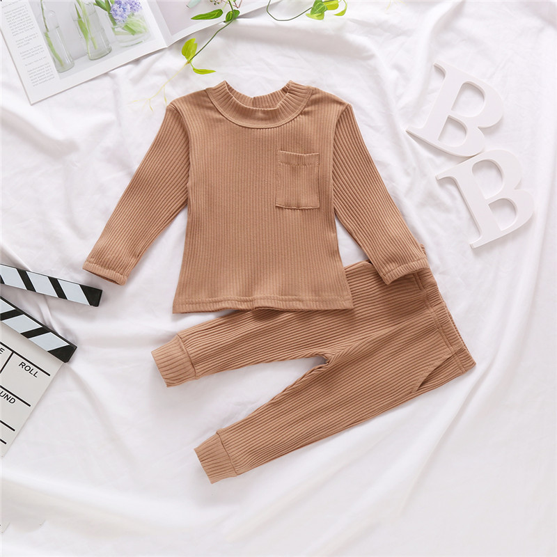 Baby Girl Boy Rib Knitted Clothing Set Long Sleeve Top with Pocket + Pants 6M-4Y Kids Autumn Casual Solid Cotton LoungewearX1019