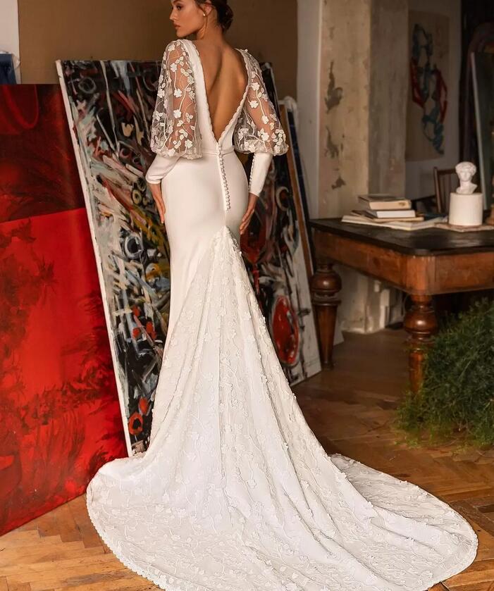 Illusion Long Sleeve Mermaid Wedding Dresses 3D Floral Lace Cathedral Train Backless Beach Bohemian Fishtail Bridal Gown