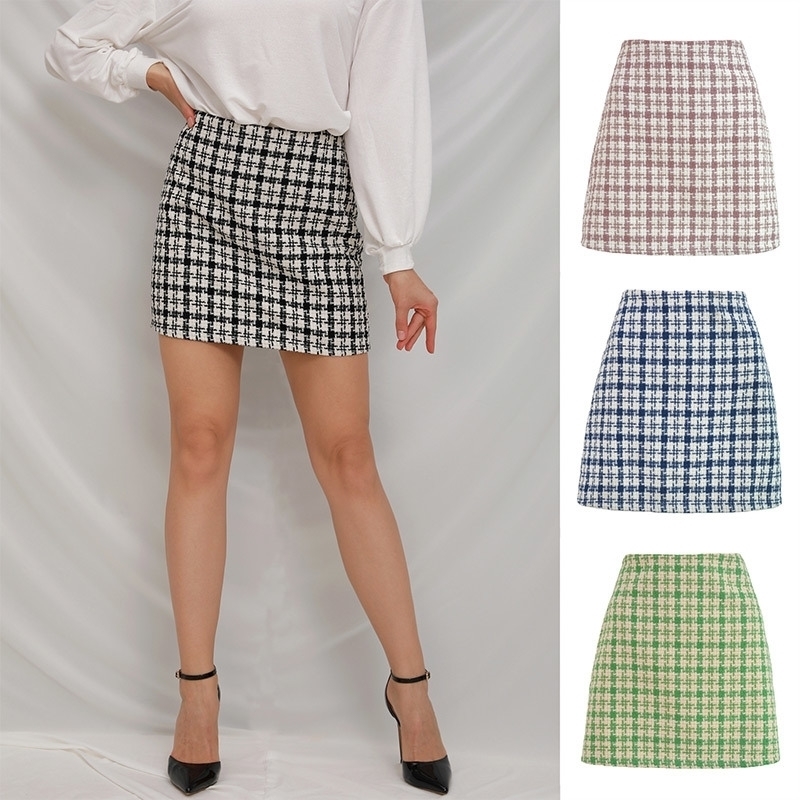 Wool Weave Plaid A Line Women Mini Skirt High Waist Slim Patchwork Female Short Skirts Autumn Winter Fashion Ladies Bottoms 201027