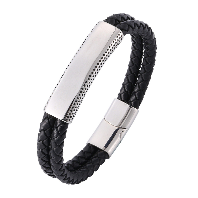 Cool Stainless Steel Charm Genuine Leather Bracelet