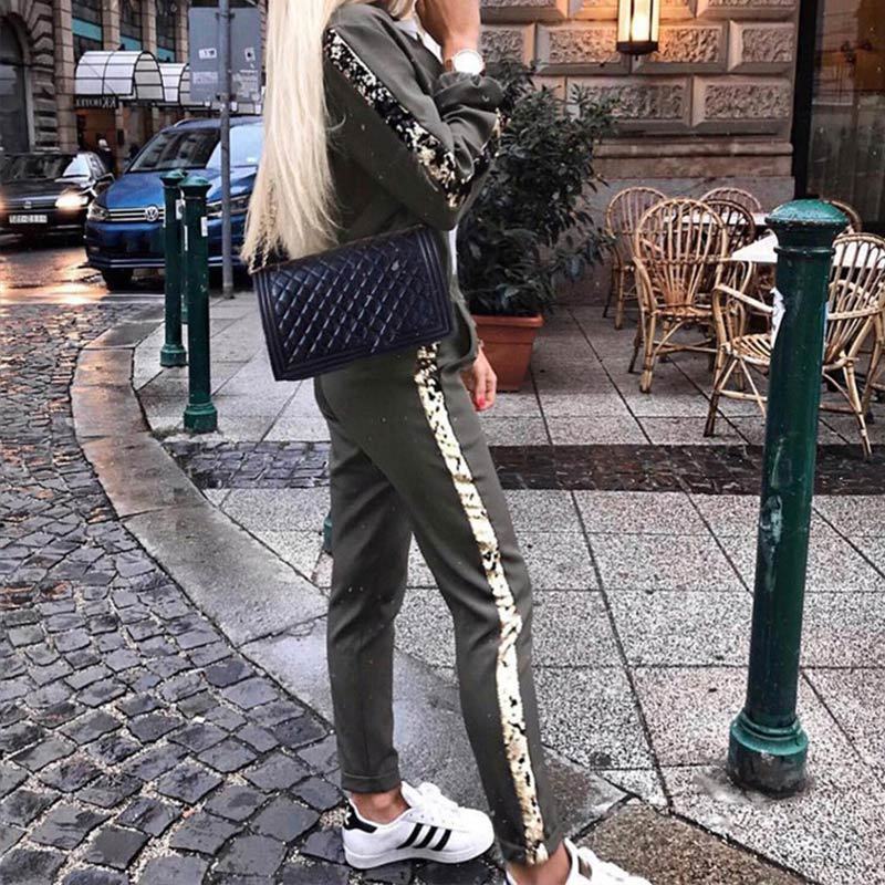 Women's Sports Tracksuits 2 Piece Set Sequined Patckwork Long Sleeve Zippers Tops Elastic Waist Pants Suit 2020 Spring Tracksuit LJ201012