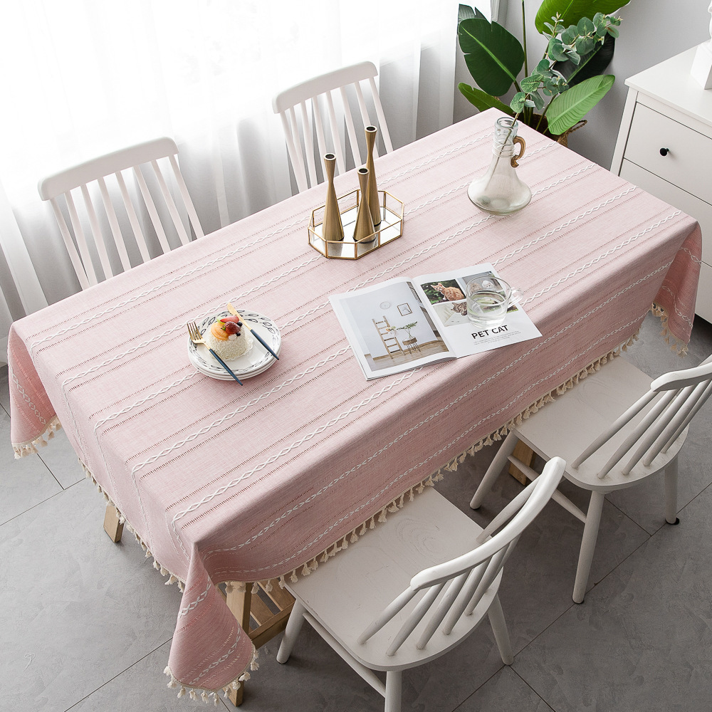 Nordic Christmas Tablecloth Pink Hollow Embroidered Jacquard Striped Rectangle cloth Cotton en Dining Table Cover Decor 201123