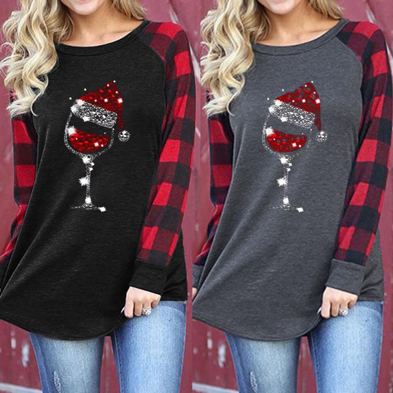 Wine Glass Printed Christmas T Shirt Women Winter Tops Plaid Long Sleeve Splicing Color T-shirt Xmas Ladies Tshirt Poleras Mujer, Black
Wine Glass Printed Christmas T Shirt Women Winter Tops Plaid Long Sleeve Splicing Color T-shirt Xmas Ladies Tshirt Poleras Mujer, Black