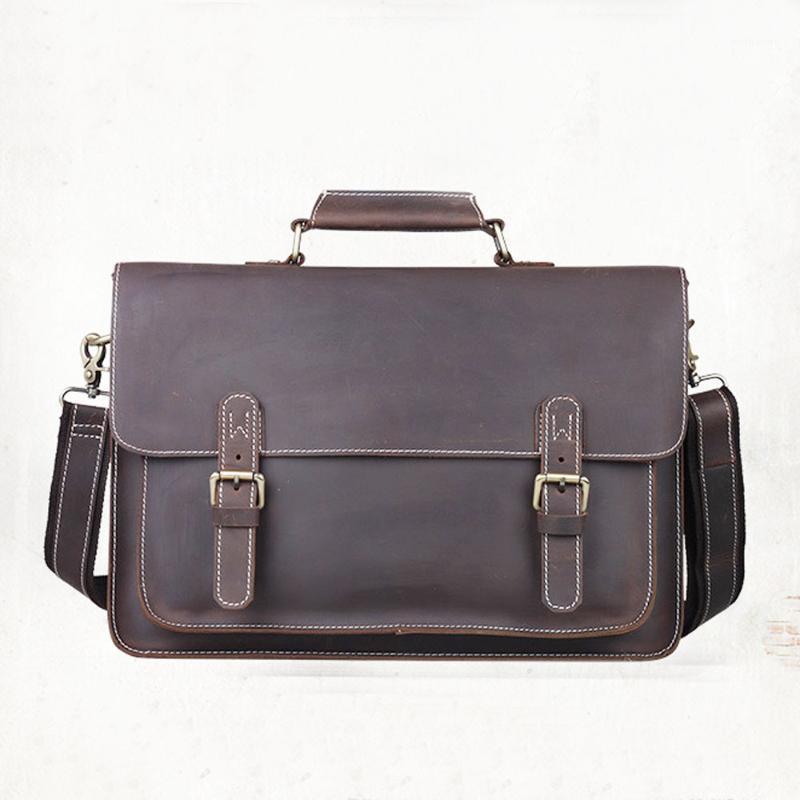 

Vintage Handmade Crazy Horse Leather Men Briefcase Genuine Leather 14" Laptop Bag Top High Quality Shoulder Messenger Bags1, Dark brown