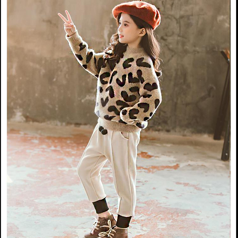 Clothing Sets For Girls Leopard print top+Solid Pants 2Pcs 2020 Spring and autumn Fashion Sets Kids Clothes Suits Y1117