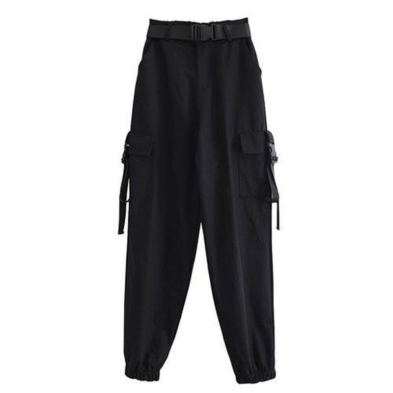 EACHIN Fashion Women Self Belted Elastic Waist Cargo Pants Female Loose Streetwear Pants Casual Plus Size Korean Style Trousers 201113