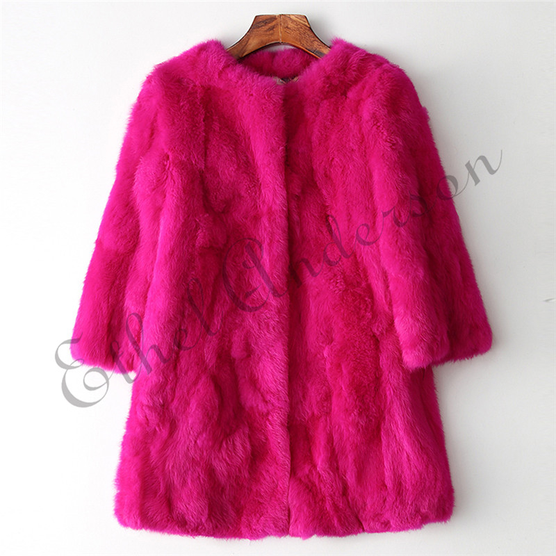 Ethel Anderson 100% Real Rabbit Fur Coat Women's O-Neck Long Rabbit Fur Jacket 3/4 Sleeves Vintage Style Leather Fur Outwear T200319