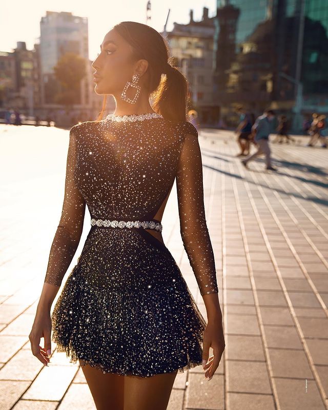 Bling Bling Mini Prom Dresses Beading Jewel Neck Long Sleeve Sequins African Evening Dress Illusion Appliques Party Gowns