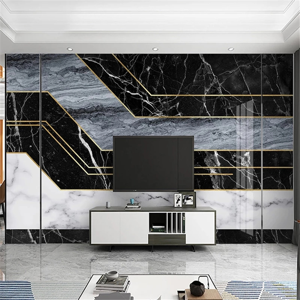 Custom Mural Modern Black White Blue 3D Striped Geometric Marble Pattern Living Room TV Background Decor Waterproof