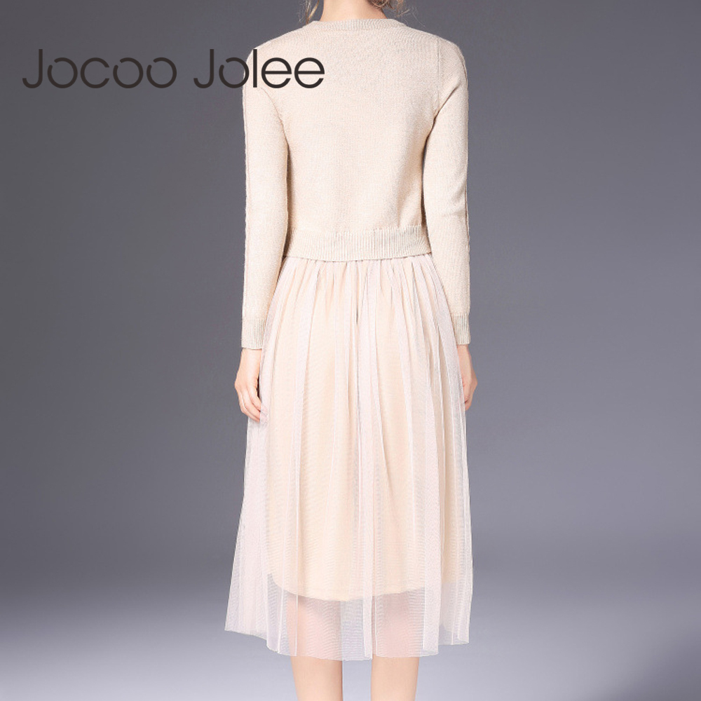 Jocoo Jolee Autumn Winter Dress Elegant Ladies O Neck Long Sleeve Sweater Knitted Midi Dress High Elstic Mesh Warm Women Dress 201029