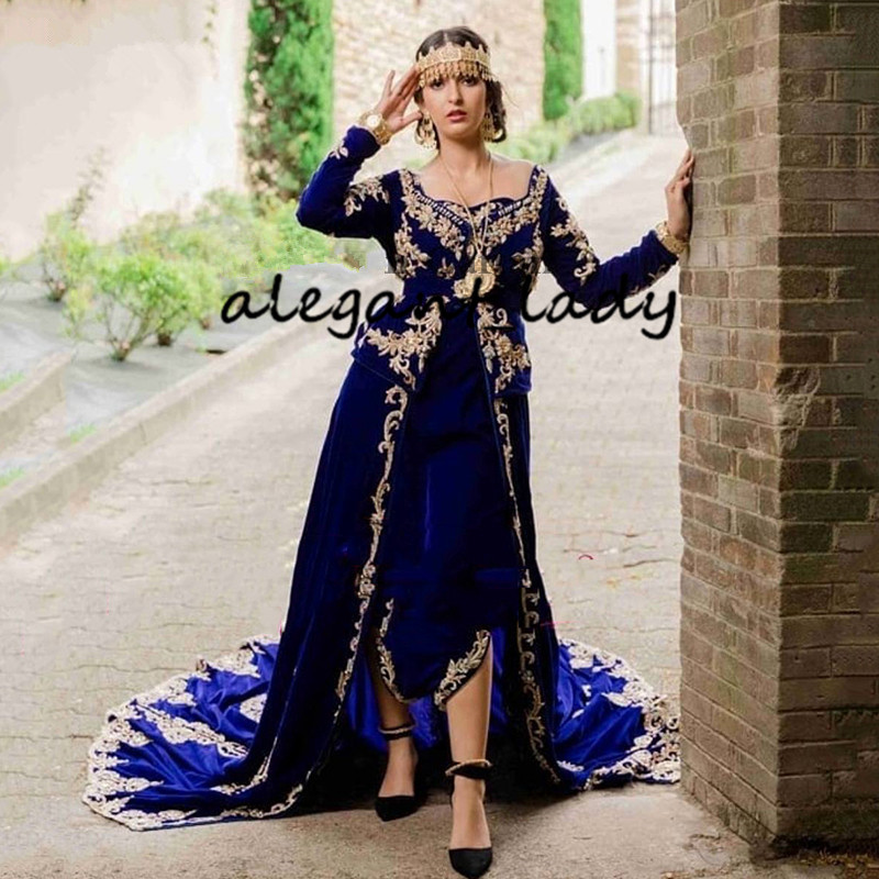 2021 Royal Blue Algerian Caftan Evening Dress Morocco Velvet long sleeve peplum gold Appliqued Lace Outfit Prom Party Gowns