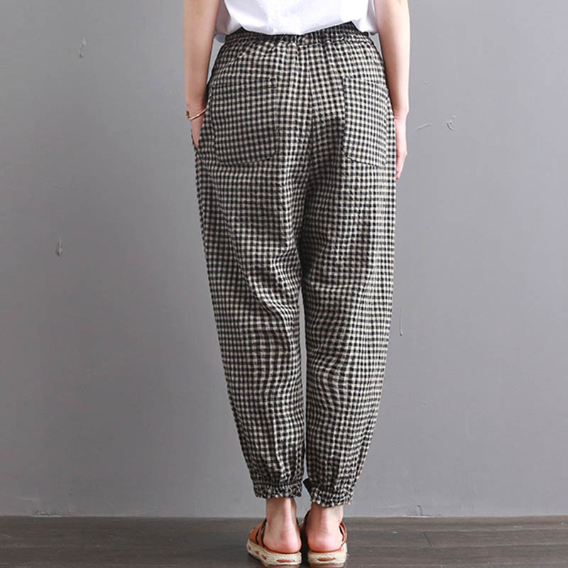 S-5XL 2019 Celima Women Plaid Check Elastic Waist Retro Cotton Linen Retro Turnip Harem Pants Pockets Loose Long Pencil Trousers T200319
