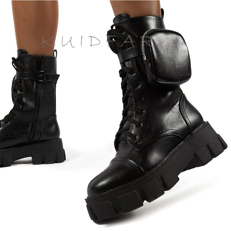Fashion Chunky With Pocket Platform Women Lace Up Ankle Boots Female Punk Sole Pouch Heels Botas Mujer 201128