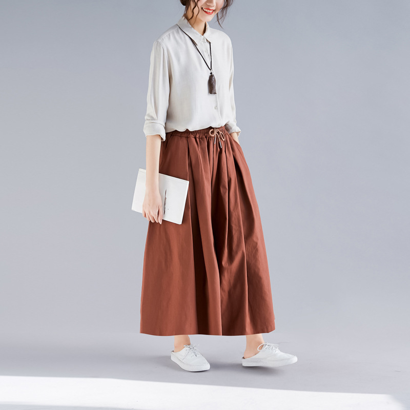Johnature Solid Color Elastic Waist Tie Plus Size Pants 2019 Spring Pockets Casual Loose Linen Women CalfLength Wide Leg Pants T200319