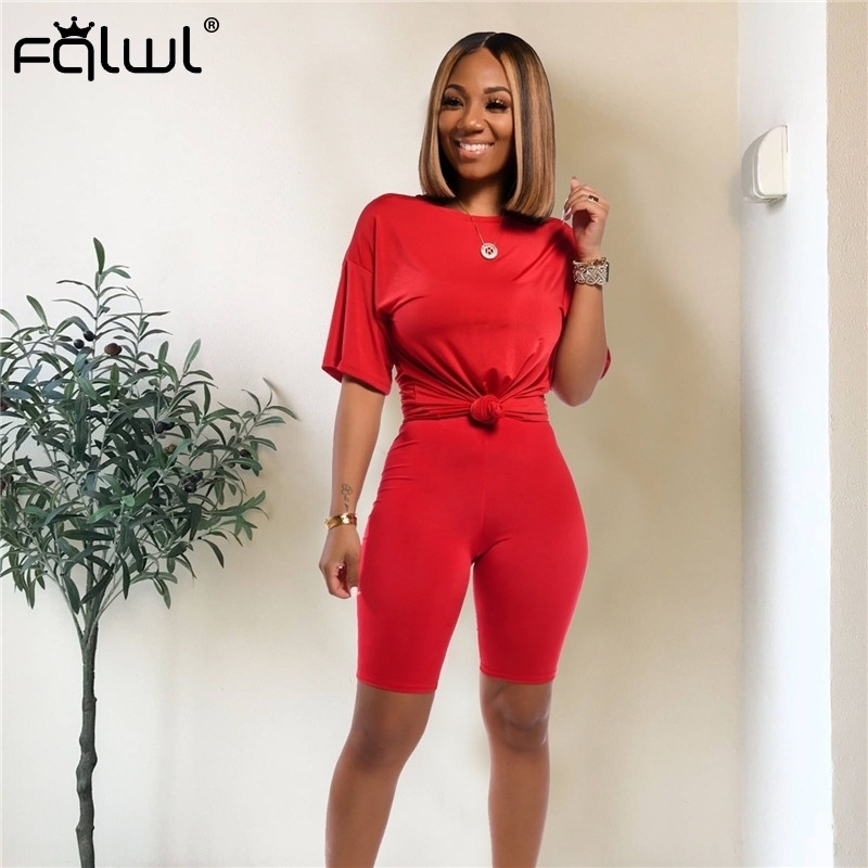 FQLWL Casual Two Piece Set Women Suit Matching Sets Pink Outfits Summer Clothes For Women Crop Top Biker Shorts Set Tracksuit T200603
