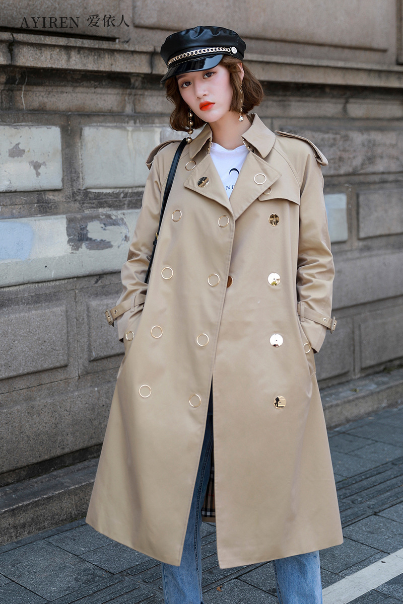 new early autumn Europe and the United States metal double-breasted loose cotton lapel casual women's long windbreaker LJ201128