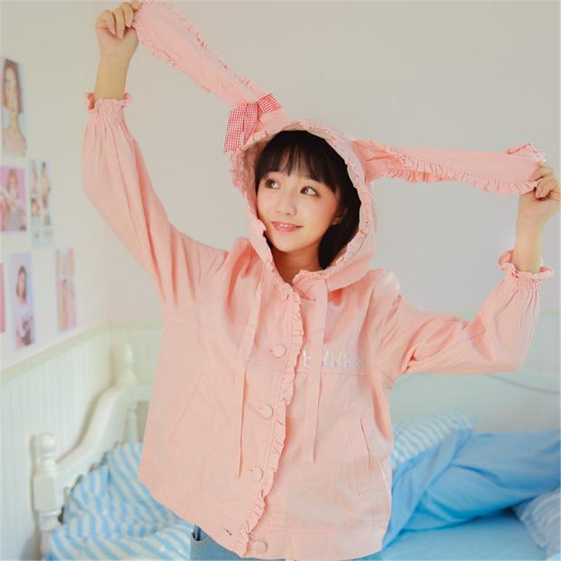 Merry Pretty Women's Autumn Winter Basic Jackets Ladis Rabbit Ears Embroidery Cute Jacket Single Breasted Pink Outerwear 201026