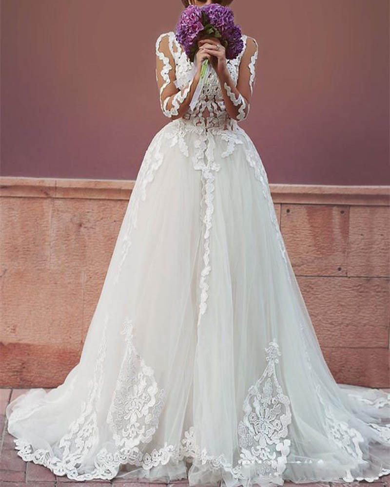 2021 Arabic Illusion Long Sleeve Mermaid Wedding Dresses With Detachable Train Lace Appliqued Backless Bridal Gowns Vestidos De Novia