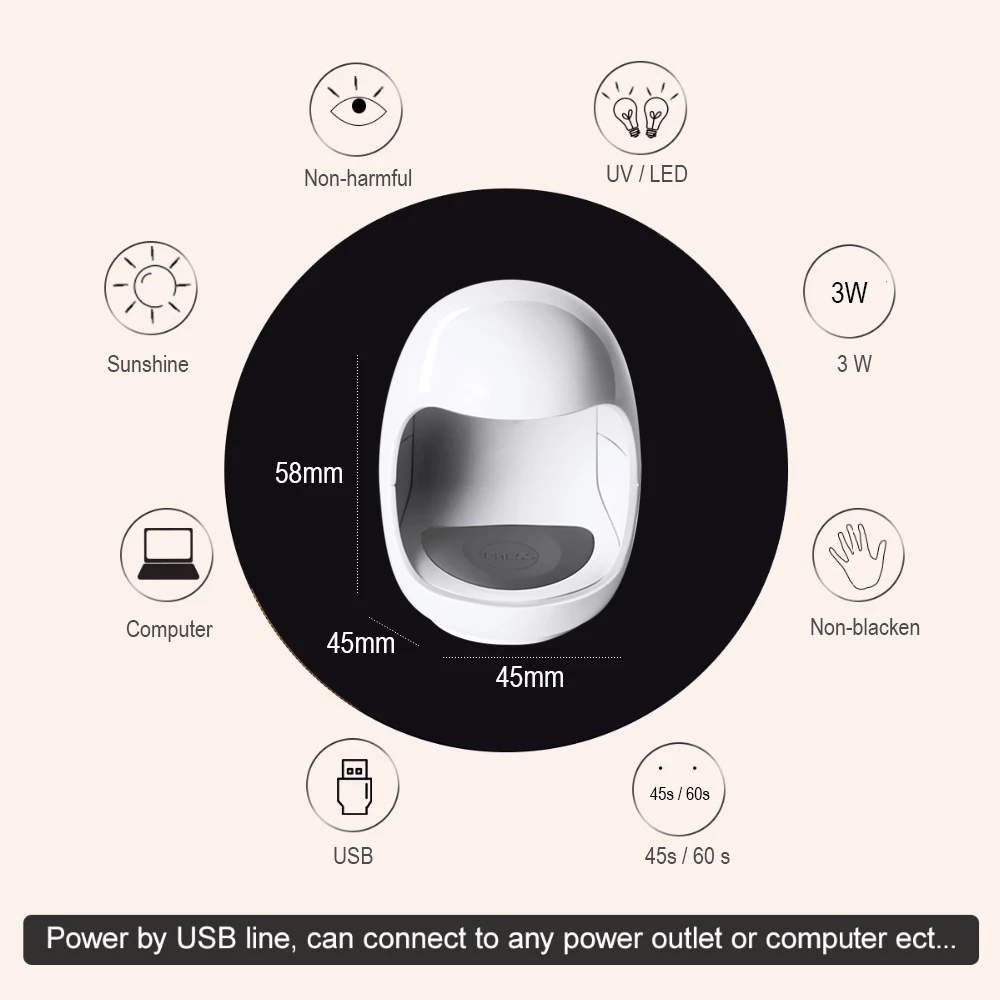 MINI 3W USB Pink Egg Shape Design 30S Fast Drying UV LED Lamp Nail Dryer Gel Polish Curing Light