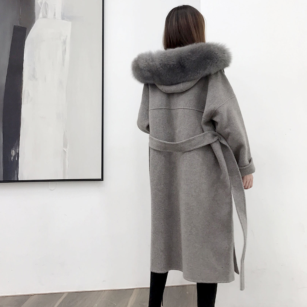 JAZZEVAR winter Casual Women long Real Fox Fur jacket Cashmere double faced Wool Outerwear Ladies oversized hooded coats 201221