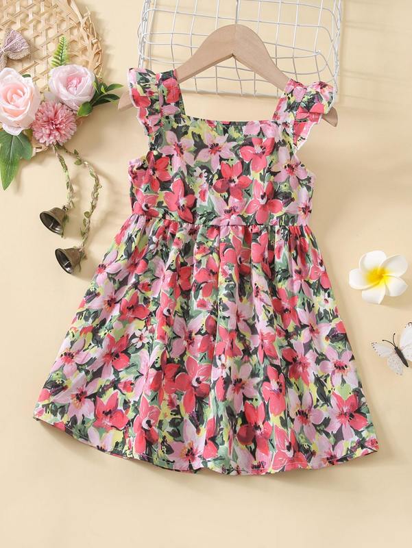 Toddler Girls Floral Print Ruffle Cuff Square Neck Dress SHE
