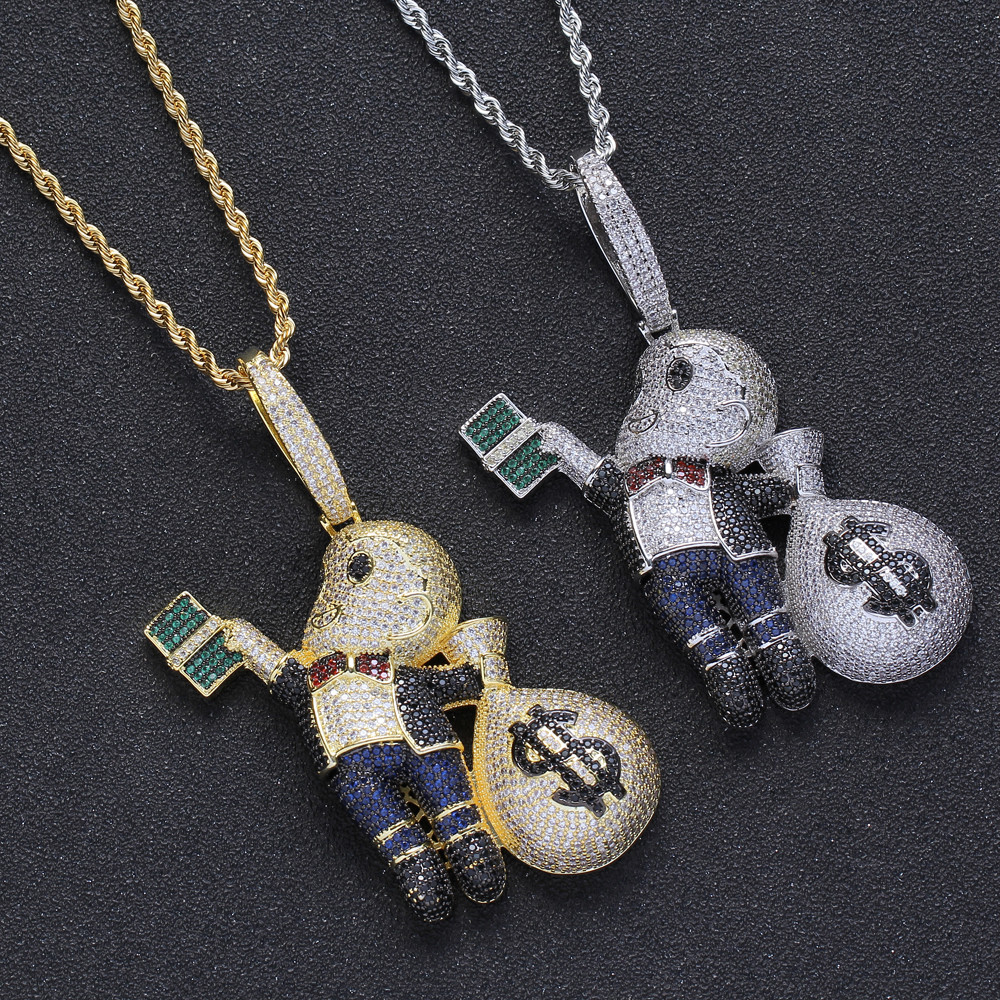 Small Size High Quality Brass CZ stones Cartoon Men Money Bag Necklace Hip hop pendant Jewelry Bling Bling Iced Out CN199 Y1220