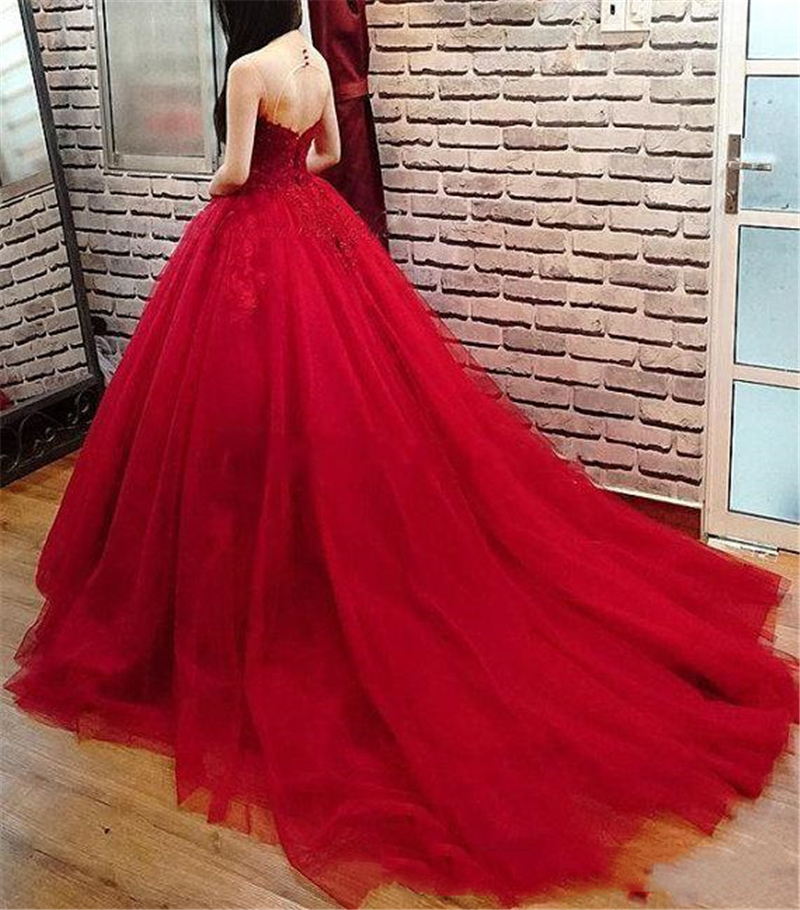 New Long Dark Red Ball Gown Evening Dress Lace Appliques Beads Tulle Puffy Floor Length Formal Prom Party Gowns Custom Made QC1513