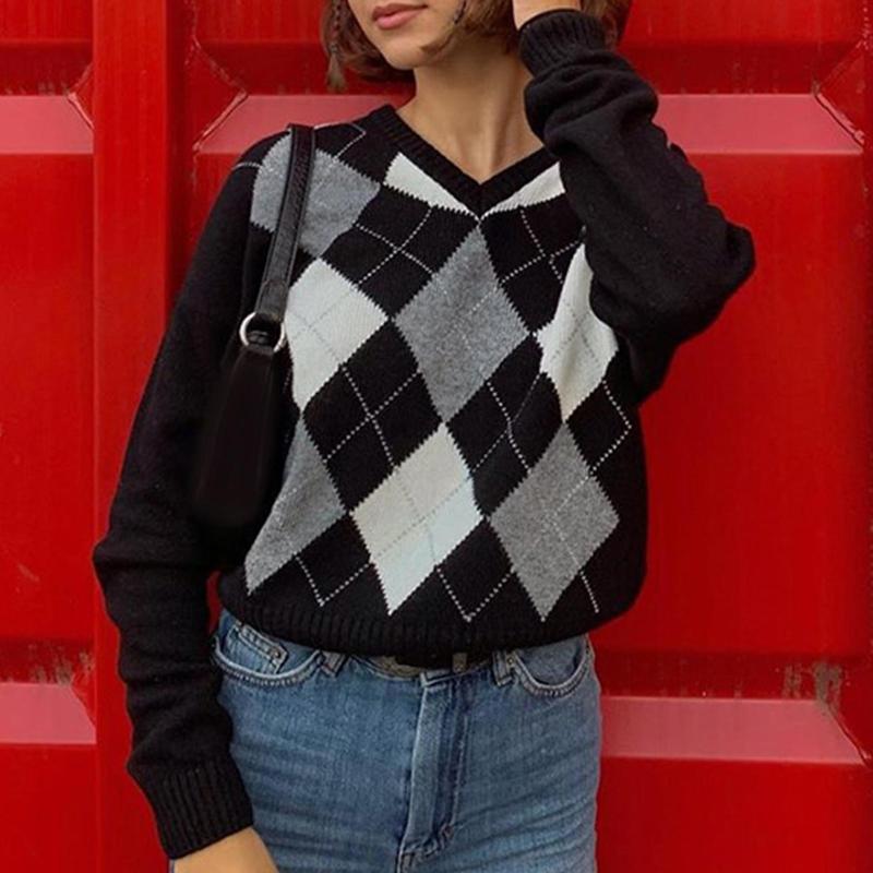 Women Plaid Argyle Sweater V Neck Long Sleeve Autumn Winter Knitwear Pullover, Black
Women Plaid Argyle Sweater V Neck Long Sleeve Autumn Winter Knitwear Pullover, Black