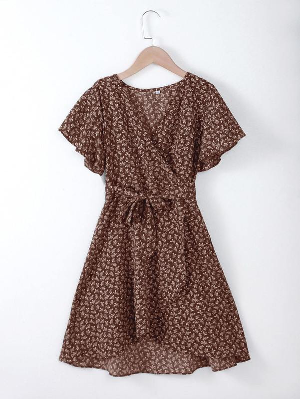 Girls Ditsy Floral Butterfly Sleeve Belted Wrap Dress SHE