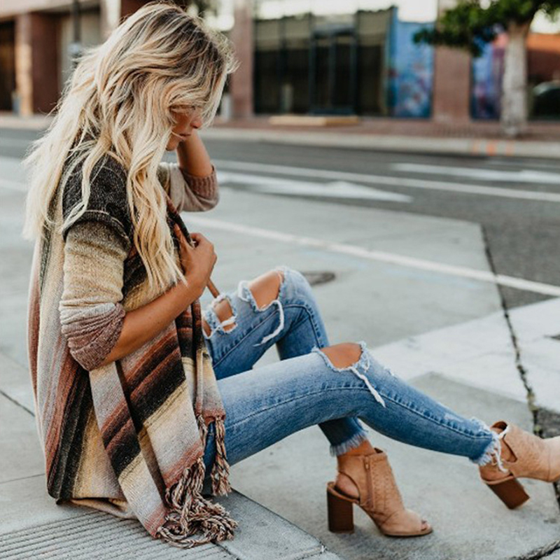 Women's Cardigan Autumn Striped Knitted Casual Coat Female Loose Outerwear Elegant Women Sweaters Winter Shrug Tassel Sweater 201023