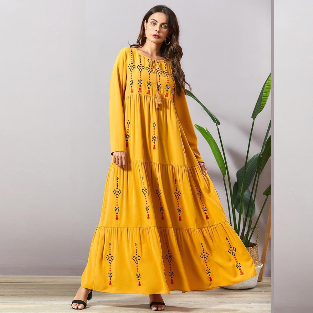 Siskakia Pleated Embroidered Bohemian long dress Fashion Arab Muslim Women's Maxi Robe Dress Long Sleeve Swing Ethnic Clothing T200601
