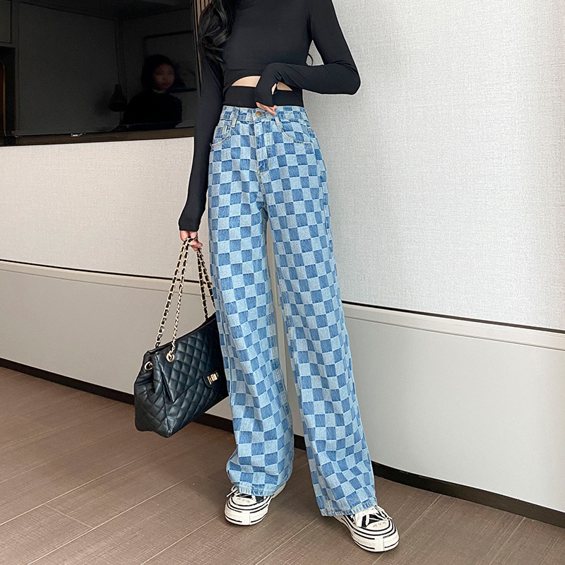 Blue Plaid jeans for women summer high waist wide Sexy Denim Loose ladies oversized jeans pants 201105