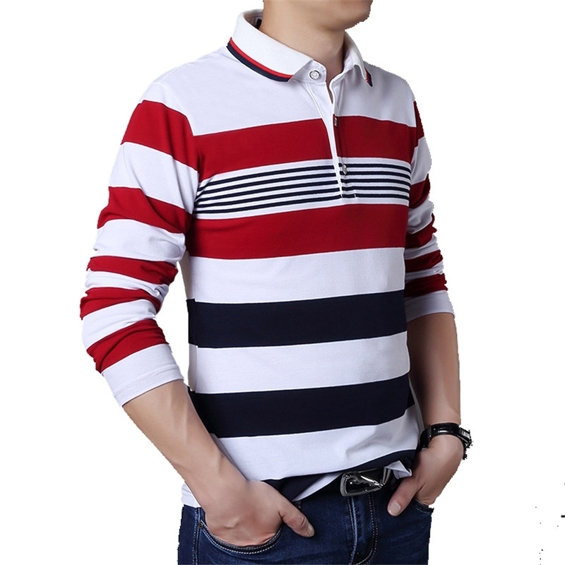 TFETTERS Autumn Casual Men T-shirt White and Red Stripe Pattern Fitness Long Sleeve Turn-down Collar Cotton Tops Stripe Clothes 201203
TFETTERS Autumn Casual Men T-shirt White and Red Stripe Pattern Fitness Long Sleeve Turn-down Collar Cotton Tops Stripe Clothes 201203