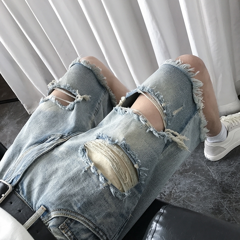 Men's Summer Denim Shorts Men's Fashion Casual Loose Short Jeans High Street Solid Color Hole Denim Shorts 201120