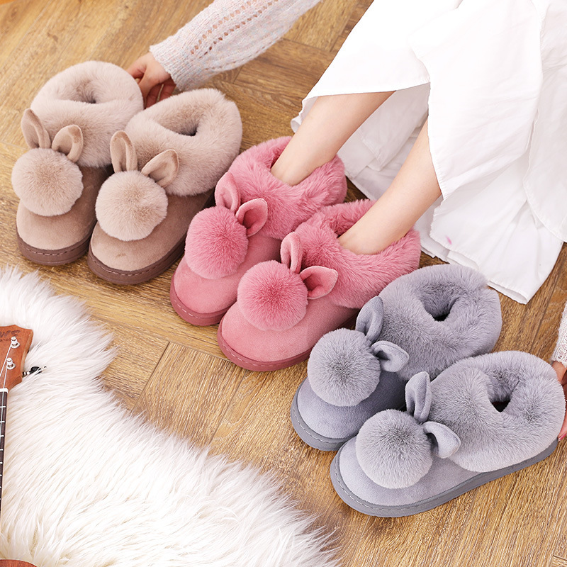 Women Shoes With Rabbit Ear Winter Slippers Fluffy Indoor Shoes Lady X1020