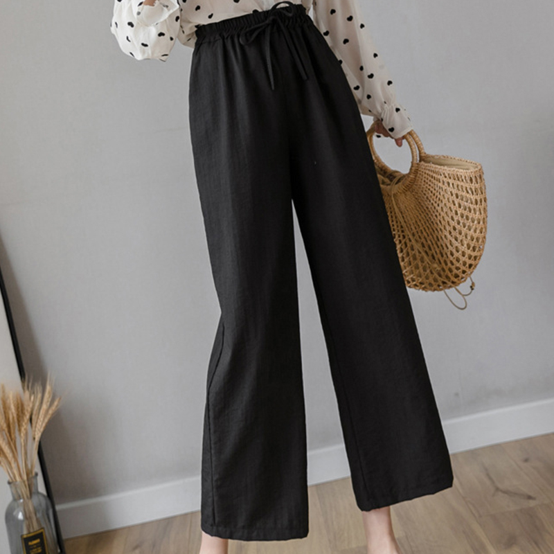 Casual Cotton Linen Pants Women Spring High Waist Wide Leg Pants Summer Office Band Palazzo Trousers Female Black Loose Pants 201031