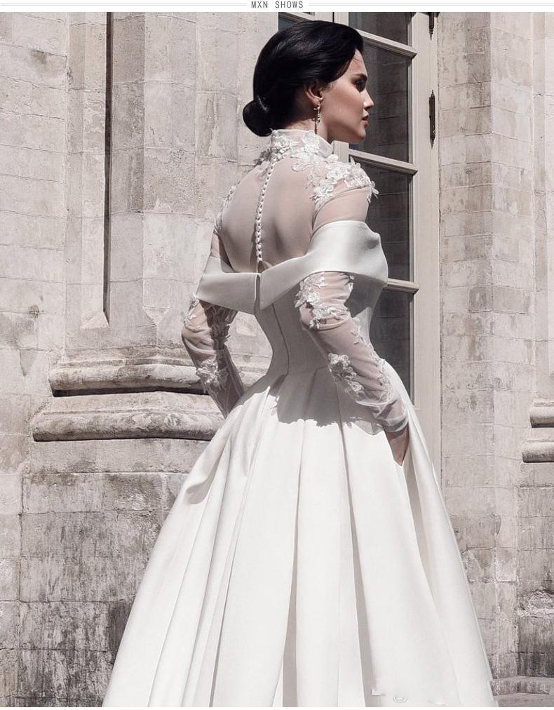 Chic Designer High Neck Wedding Dresses A Line Bridal Gowns 2022 Simple Satin Long Sleeves Bride Dress 3D Floral Appliques Lace Garden Vestidos De Nov