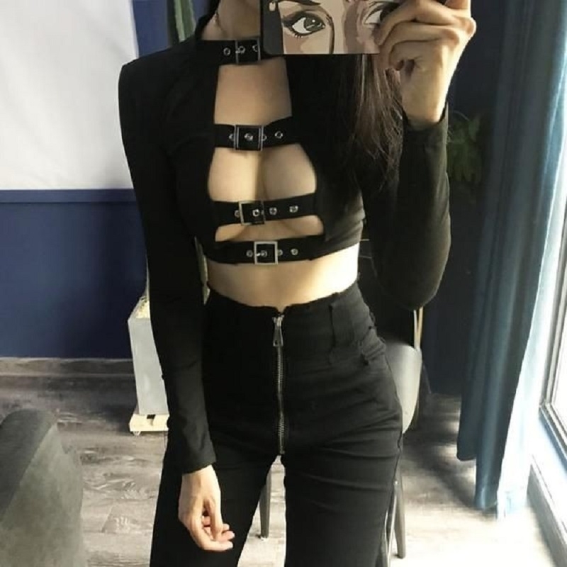 Plus Size Gothic Sexy T-Shirt Women Strap Buckle Front Round Neck Slim Top Long Sleeve T Shirt Tumblr Tops Tee Punk Streetwear 201028