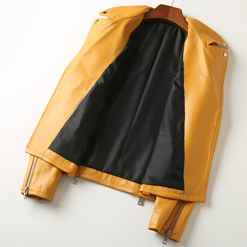 Nerazzurri Short yellow black blue leather biker jacket women long sleeve zipper Plus size autumn faux leather jackets for women 201028