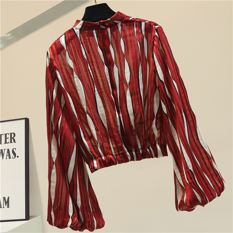 TWOTWINSTYLE Casual Striped Women Shirt Stand Collar Lantern Long Sleeve Loose Hit Color Blouse Female Fashion Clothing New 201126