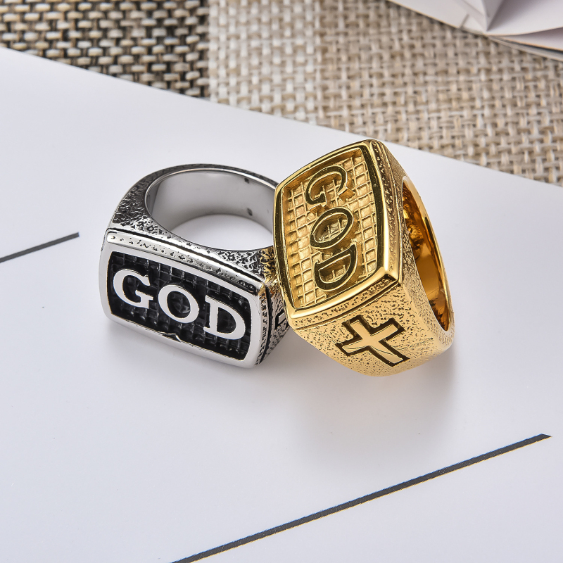 Vintage Style Men's GOD Cross Ring Gold Antique Silver Plated Stainless Steel Rings
